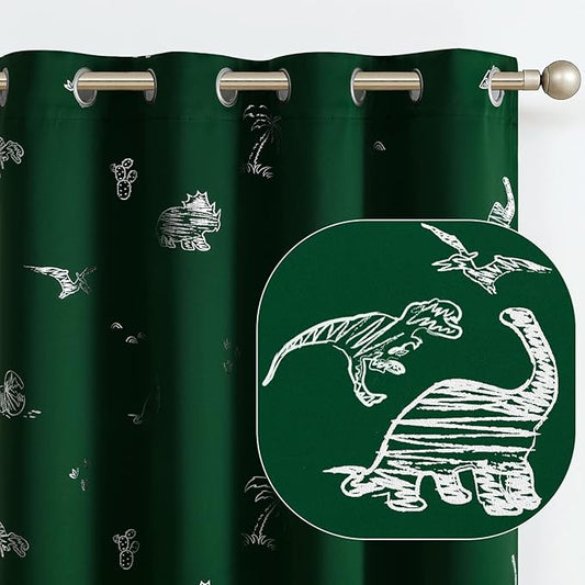 Vangao Kids Curtains Green Blackout Dinosaur Curtains for Boys Kids Nursery Girls Room Silver Dino Foil Print Thermal Insulated Drapes Grommet Top Window Treatments 84 Inches Length 2 Panels