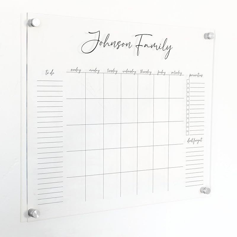 Personalized Clear Acrylic Calendar for Wall, Calendar Whiteboard for Wall, Dry Erase Wall Calendar, Wall Calendar Organizer System for Home (Cursive, Black, 23"W x18.5"H)