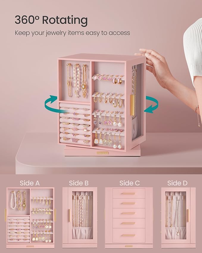 SONGMICS Jewelry Box 360° Rotating, Jewelry Storage Case with 5 Drawers, Jewelry Organizer, Glass Window, Spacious, Vertical Jewelry Storage, Open Design, Great Gift, Jelly Pink UJBC170R01