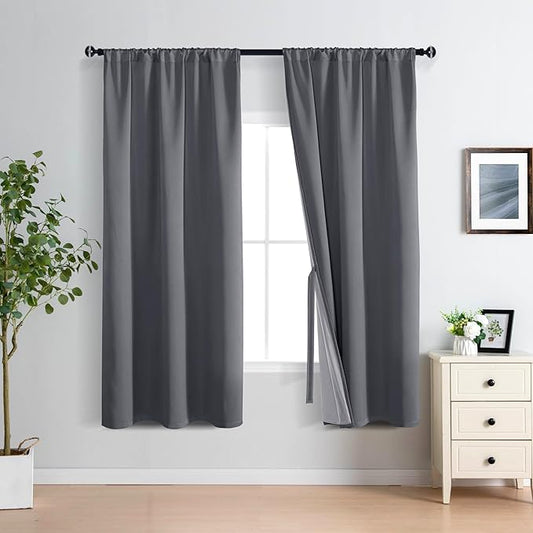 XWZO Full Blackout Curtains 63 Inches Long with Tiebacks- Heat and Light Blocking Rod Pocket Window Drapes with Black Liner Backing for Bedroom/Kid's Room, Dark Grey, W42 x L63, Set of 2 Panels