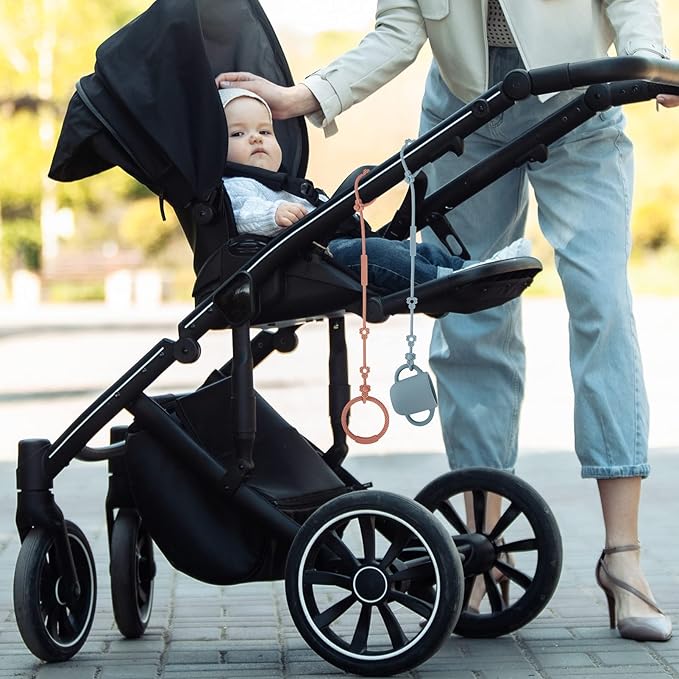 Toy Safety Straps, Silicone Pacifier Clips, Adjustable Stretchable Sippy Cup Straps for Strollers, High Chair, Cribs, Hanging Baskets, Car Seat, Shopping Trolley, 2 Pack (Muted+Apricot)