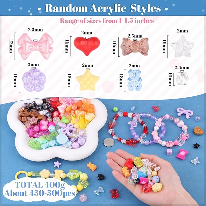 Assorted 500PCS 10 Colors Mixed Acrylic Beads for Bracelet Making, Flower Bow Butterfly GummyBear Aesthetic Bracelet Charms,Cute Beads for Jewelry Making DIY Necklace Keychain Phone Charm