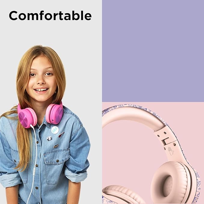 LilGadgets Connect+ Pro Wired Kids Headphones for School w/Microphone, Volume & Noise Reduction Over-Ear Headset w/Cord, SharePort Technology & SoftTouch Padding, Girl Power - Headphones for Kids