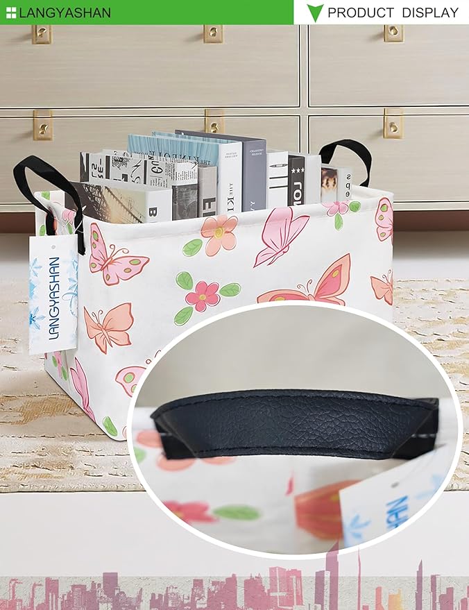 LANGYASHAN Rectangular Storage Bin Collapse Canvas Fabric Cartoon Storage Basket with Handles for Organizing Home Kitchen Boys and Girls Toys Office Closet Shelf Baskets (Rec Pink Butterfly)