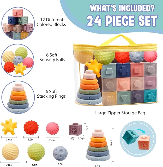 Montessori Toys for Babies 6-12 Months, Soft Baby Blocks Toys Set, 3 in 1 Infant Stacking Building Blocks, Teething Toys Sensory Balls Educational Learning Toys for Toddlers 3-6-9-11 Months Boys Girls
