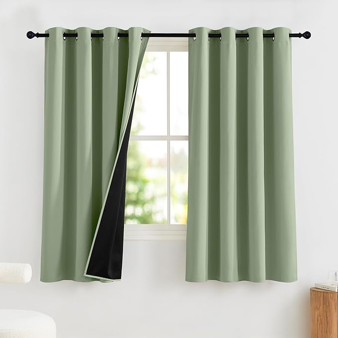 NICETOWN 100% Blackout Short Curtains for Kids Bedroom, Thermal Insulated Window Curtains 63 Inch Length 2 Panels Set, Grommet Top Drapes for Living Room, 52" W x 63" L, Olive