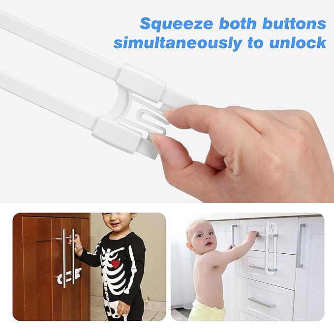 Vmaisi Baby Sliding Cabinet Locks - 4 Pack Adjustable U Shaped Child Safety Locks,Childproof Latches for Kitchen Bathroom Storage Cupboards Doors, Handles and Knobs White (4)