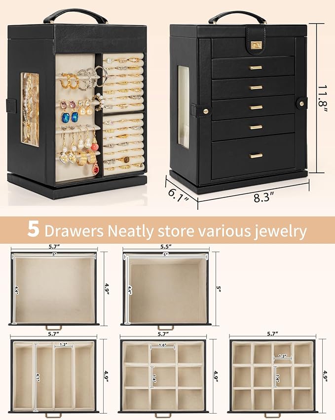 AKOZLIN Jewelry Box 6-Tier Organizer Functional 360° Rotating Jewelry Storage Case for Women Girls Ring Necklace Earring Bracelet Holder with Mirror