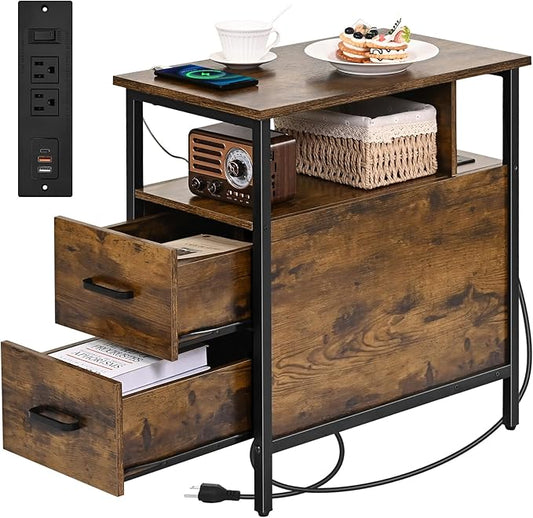 Side Tables with Charging Station, Narrow End Table with 2 Wooden Drawers, USB Ports and Power Outlets, Narrow Nightstand and Bedside Table, Side Tables Living Room, Bedroom, Brown