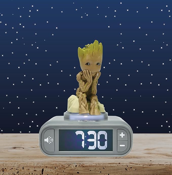 LEXiBOOK, Marvel Guardians of The Galaxy, Groot Nightlight Alarm Clock, Sounds and Melodies, Backlit LCD Screen, Illuminated, Snooze, Grey/Brown, RL800GG