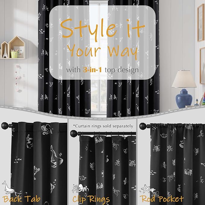 Vangao Kids Curtains for Boys Bedroom Kids Blackout Curtains 63 Inch Length Ocean Aquarium Nursery Drapes for Girls Bedroom Silver Sea Animals Print Thermal Insulated Drapes, Black 2 Panels