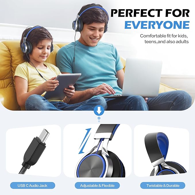 AILIHEN C8 USB-C Headphones Wired - Kids Headphones with Microphone & Volume Control, Foldable Stereo Sound Tangle-Free Type C Cord, Compatible with Cellphone, Laptop, PC (Black Blue)