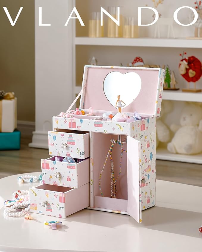 Vlando Musical Jewelry Box for Girls, Large Kid Music Box with Ballerina for Birthday Bedroom Decor, 4 Layer Girl Jewelry Gifts for Girls Kids - Fantasy