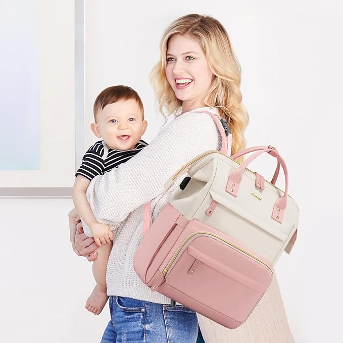 LOVEVOOK Diaper Bag Backpack, Baby Bag with Changing Station, Large Diaper Backpack for Moms Dads, Waterproof Leather Accents Baby Boy and Girl Bag for Travel Baby Essentials, Pink-Beige