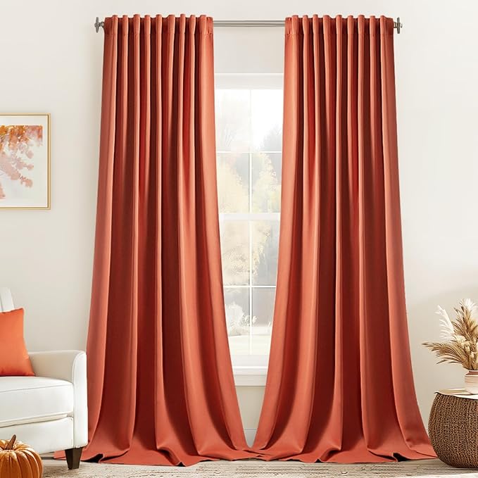 MIULEE Back Tab Burnt Orange Blackout Curtains 96 Inch Long 2 Panels Set for Bedroom, Fall Terracotta Rod Pocket/Pinch Pleated Thermal Insulated Room Darkening Light Blocking Floor to Ceiling Drapes
