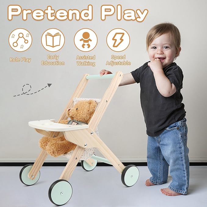 Wooden Baby Walker Doll Stroller, Baby Push Walker, Shopping Cart Learning Walk for Boys and Girls, Wood Push Toys for Toddler Learning to Walk