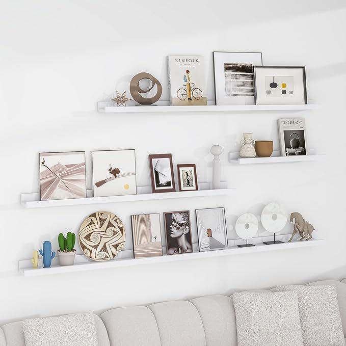 Solid Ash Wood Picture Ledge Shelf, 36 Inch Floating Shelves with Lip Set of 2, Photo Ledge Shelf Nursery Bookshelf Wall Mounted for Living Room Bedroom Decor, White