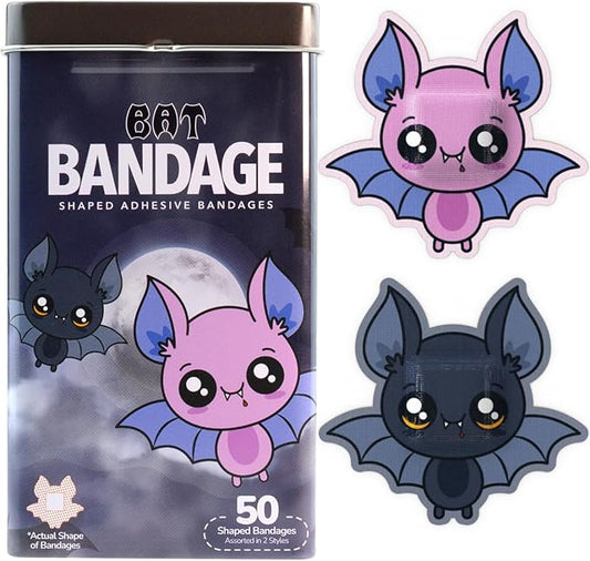 BioSwiss Bandages, Halloween Bat Shaped Self Adhesive Bandage, Latex Free Sterile Wound Care, Fun First Aid Kit Supplies for Kids, 50 Count