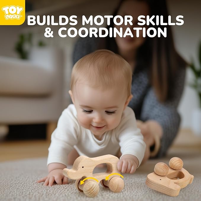 TOY Life Wooden Toys Cars, Montessori Toys for Babies 0-6-12 Months, Babies Bunny Rattle Cars for Toddlers 1-3, Wooden Baby Toys Gift 1 Year Old, Baby Boy Nursery Decor, Elephant & Rabbit Toy Car