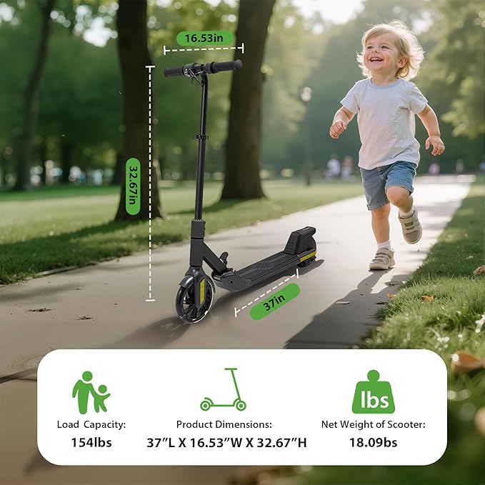 Foldable Children's Electric Scooter (Ages 6-14) - Top Speed 16 km/h, Maximum Range 8 km, 7-inch Illuminated Front Wheel, 6-inch Solid Rear Wheel