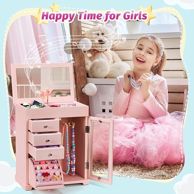 Miratino Jewelry Box for Girls, Kids Jewelry Box with Spinning Dancer, 5 Layer Large Wooden Musical Jewelry Organizer Box Gifts for Little Girls Christmas New Year Birthday Children's Day(Pink)