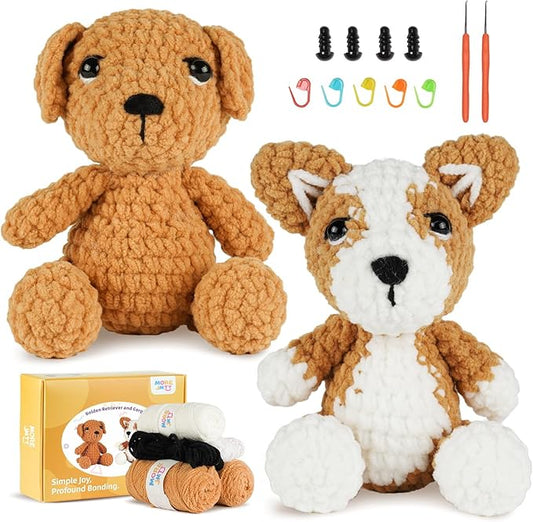 MOREJMTT Crochet Kit for Beginners, Learn to Crochet, Include Easy Knitting Soft Yarn, Step-by-Step Video Tutorial, Hook, Holiday Birthday Gift for Adults and Kids(2 Pack Dog)