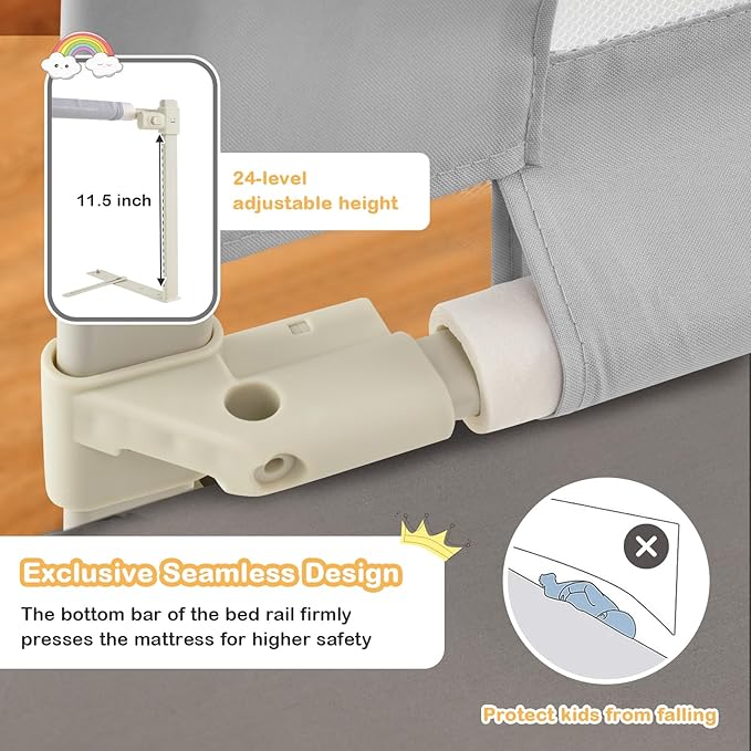 BABY JOY Bed Rail for Toddlers, 47''Long, Height Adjustable & Foldable Baby Bed Rail Guard w/Storage Pocket & Double Safety Child Lock for Kids Twin Double Full Size Queen King Mattress (Grey)