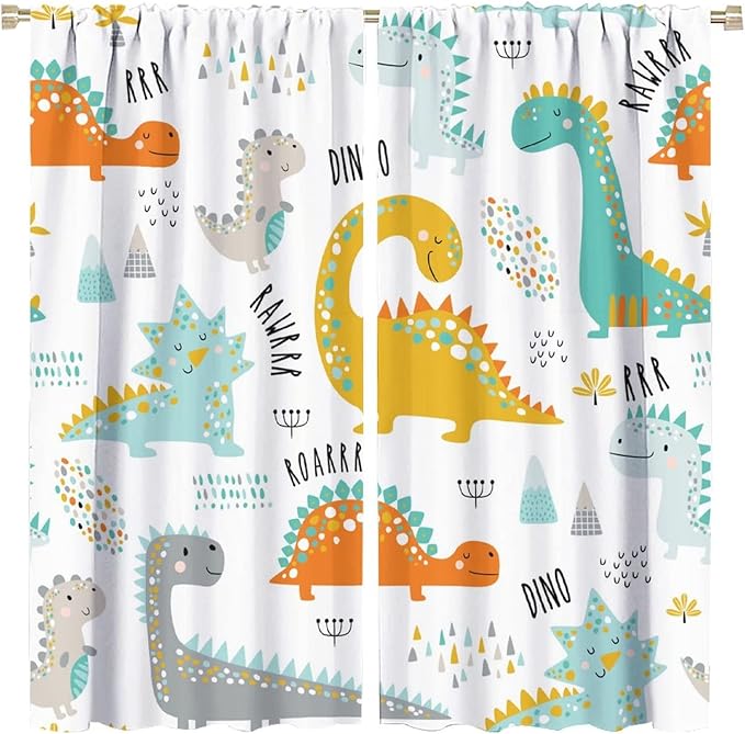 Dinosaur Curtains for Kids Boys Girls Home Decor Childish Cute Dino Animals Print Pattern Rod Pocket Blackout Window Drapes for Nursery Baby Bedroom Playroom W26xL84in 2 Panels