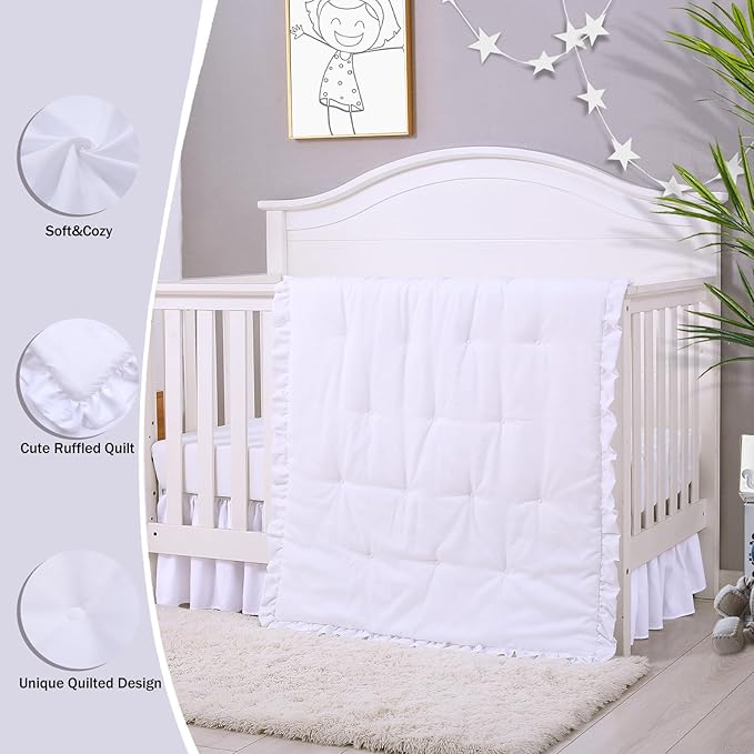 Cloele 3 Pieces Baby Crib Bedding Set- Solid Ruffle Quilted Set Includes Comforter Fitted Sheet Crib Skirt for Boys and Girls - Cute Ruffled Nursery Crib Standard Size Baby Bedding Set White