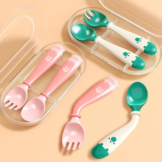 Deejoy Toddler Utensils with Travel Safe Case, Silicone Baby Spoons and Fork Set for Self Feeding, Toddlers Feeding Training Spoon, Easy Grip Heat-Resistant, Bendable Function (2 Sets, Green&Pink)