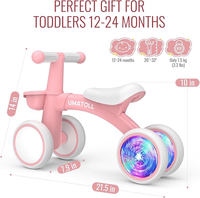 Umatoll Colorful Lighting Baby Balance Bike Toys for 1 Year Old Girls Gifts, Adjustable Seat, 1st Birthday Gifts, 12-24 Months Toddler Bike, Pink