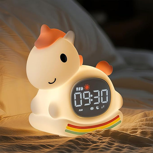 Cute Alarm Clock for Kids with Night Light, Sleep Training Clock Time to Wake Clock, Rechargeable Silicone Light for Bedroom, Perfect Sleep Companion for Boys Girls, Pink Pony