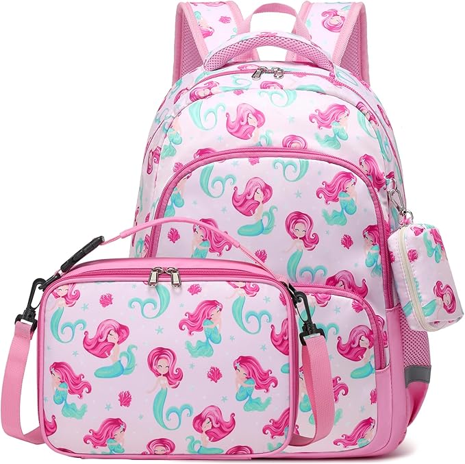 mygreen 3PCS Kids Backpack Set - Waterproof Bookbag with Lunch Box for Girls Ages 3-12, Adorable Cartoon Prints for School & Outdoor Use Pink Mermaid