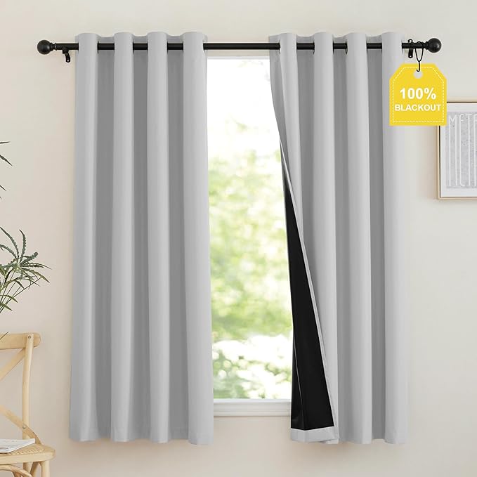 NICETOWN 100% Blackout Off White Curtains for Bedroom, Grommet Thermal Window Treatments Portable Curtains Lightweight Travel Shades for Living Room/Home Office, W52 x L63