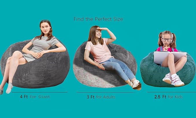 Bean Bag Chairs with Faux Rabbit Fur Cover, 4 ft Giant Memory Foam Bean Bag Chairs for Adults/Teens with Filling,Ultra Soft Faux Fur Fabric, Round Fluffy Sofa for Living Room Bedroom College Dorm
