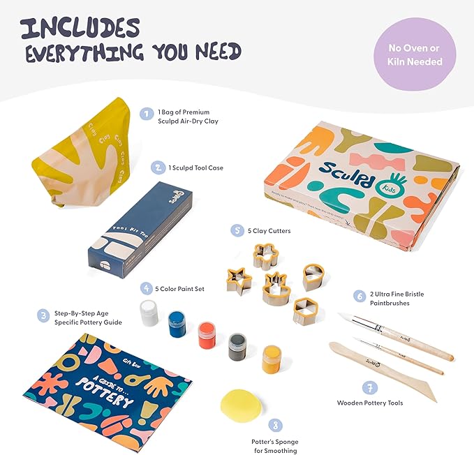 Sculpd - The Original Kids Pottery Kit, Air-Dry Clay Starter Kit for Kids Age 7+, Air Dry Clay with 5 Colour Paint Set, Paintbrushes, Pottery Tools, Sponge and Step-by-Step Guide