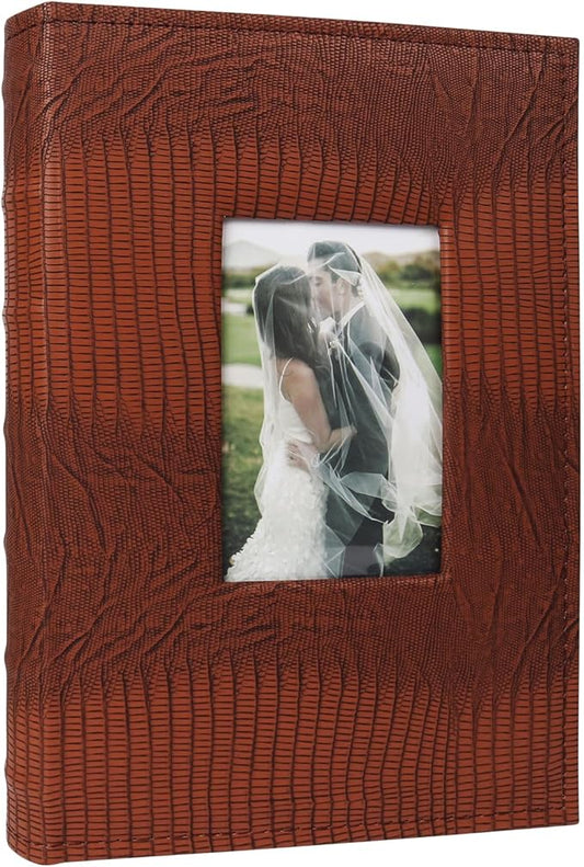 RECUTMS Photo Album with Writing Space 50 Sheets Hold 300 4x6 Photos,Leather Cover with Front Window Slip-in Picture Album for Wedding Family Baby Vacation (Brown)