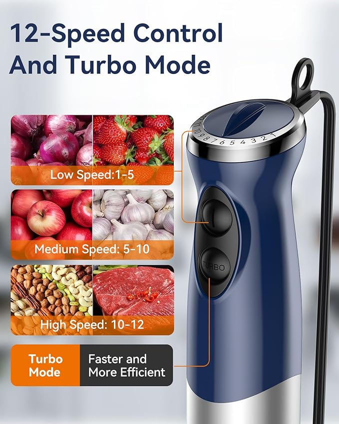 Immersion Blender Handheld 1000W 5 in 1 Corded Stick Hand Blender Kitchen with 12 Speed, BPA-Free, Mixing Beaker, Chopper, Whisk, Milk Frother, Perfect Emulsifier for Soup, Baby Food, Sauce, Puree