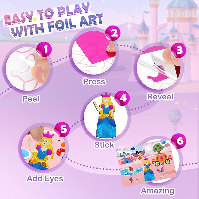 Foil Arts and Crafts for Kids Ages 4-8, Large Size Princess Fun Foil Art Craft Supplies Kits, No Mess DIY Creative Activity Travel Toys, Foam Sticker Coloring Books,Party Favor Birthday Gifts for Kids