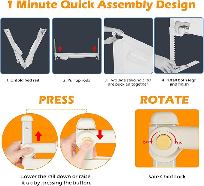 welspo 70 Inches Bed Rail for Toddlers Fold Down Safety Baby Bed Guard Swing Down Bedrail for Convertible Crib, Kids Twin, Double, Full Size Queen & King Mattress, Beige [Upgraded] (1 Pack)