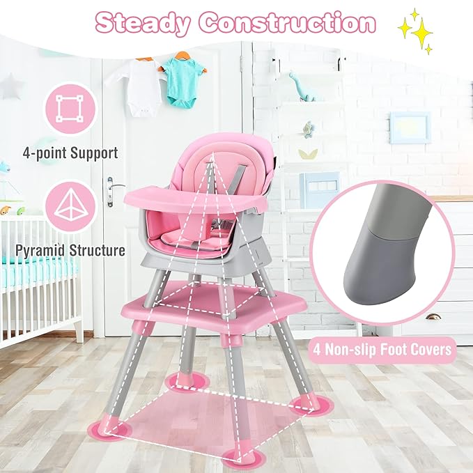HONEY JOY 8 in 1 Baby High Chair, Convertible Highchair for Babies and Toddlers/Table and Chair Set/Building Block Table/Booster Seat/Stool/Toddler Chair with Safety Harness (Pink)