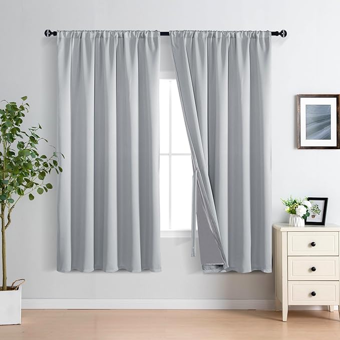 XWZO 100% Blackout Window Curtains - Rod Pocket Thermal Insulated & Completely Room Darkening Black Liner Window Panels with Tiebacks for Bedroom/Living Room, Light Grey, W70 x L63, Set of 2
