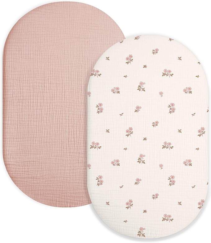 Bassinet Sheet for Baby Boy and Girl 2 Pack, Fitted Sheets for Rectangle, Oval, Hourglass Bassinet Mattress, Muslin Moses Basket Sheets with Neutral Style (Vintage Blossom & Pink)