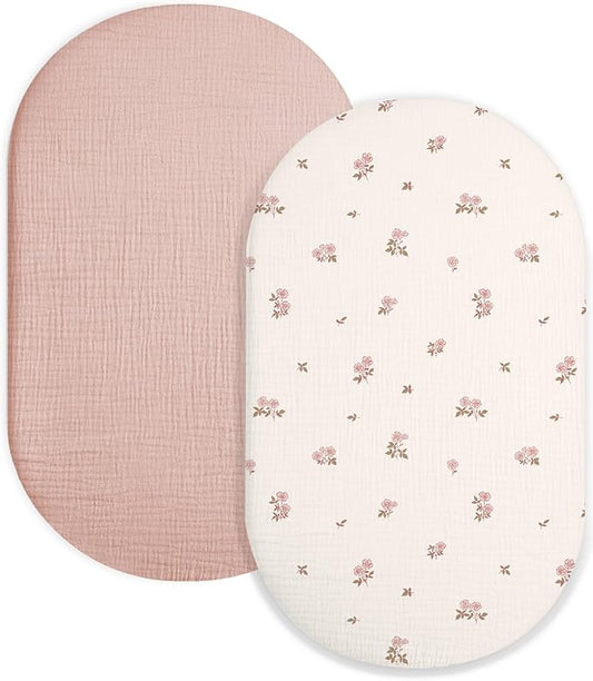 Bassinet Sheet for Baby Boy and Girl 2 Pack, Fitted Sheets for Rectangle, Oval, Hourglass Bassinet Mattress, Muslin Moses Basket Sheets with Neutral Style (Vintage Blossom & Pink)