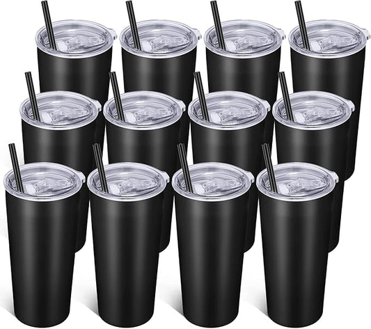 VEGOND 20oz Tumbler Bulk with Lid and Straw 12 Pack, Stainless Steel Vacuum Insulated Tumbler, Double Wall Coffee Cup Travel Mug, Black