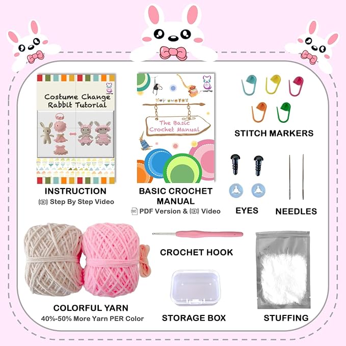 LoopMap Beginner Crochet Kit for Adults & Kids - DIY Amigurumi Bunny with Removable Dress & Accessories - Step-by-Step Video Tutorials, Extra Yarn, Crochet Tools - Handmade Gift (Bunny-Pink)
