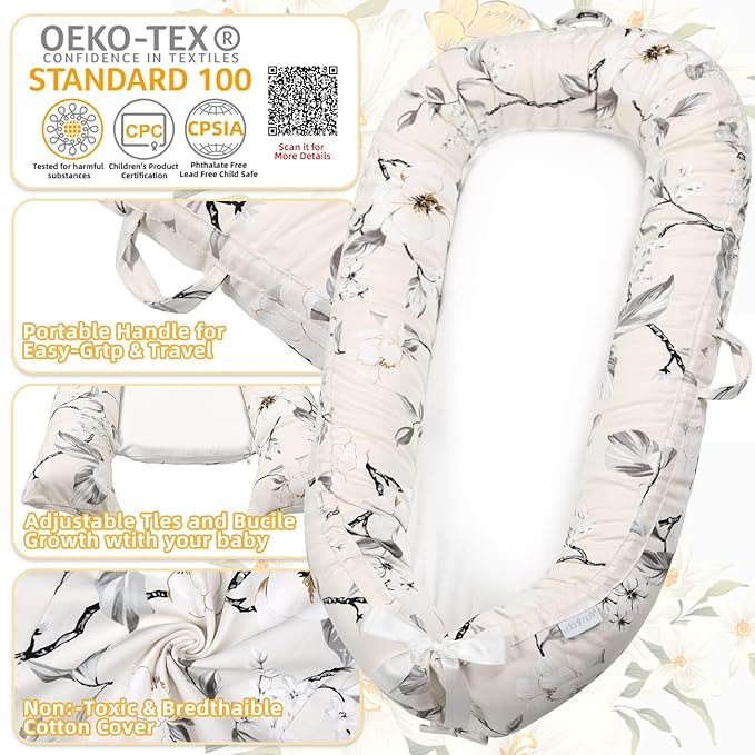 Baby Lounger | Organic Cotton Infant Lounger | Reversible, Adjustable & Portable Floor Lounger | Soft, Breathable, Washable Cover