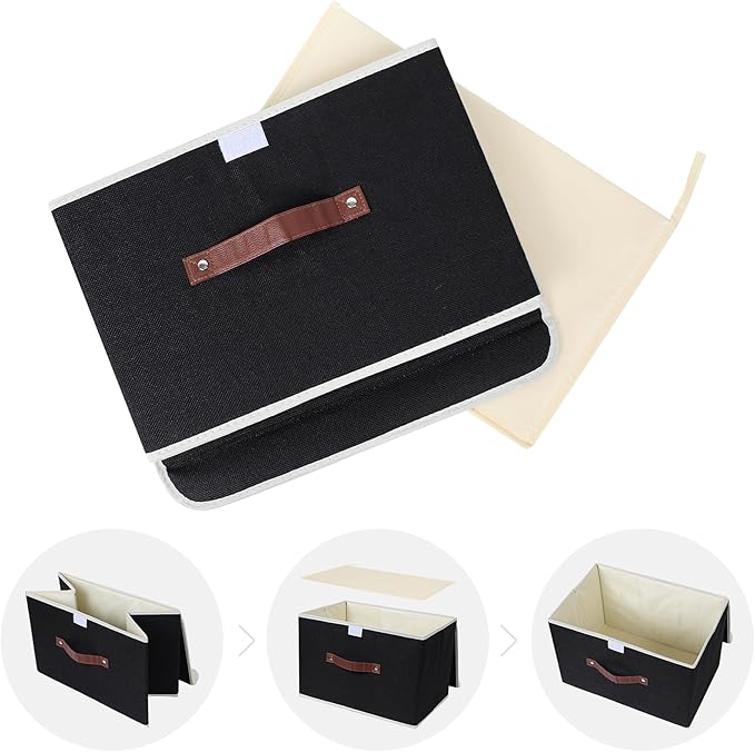 ANMINY 4PCS Storage Bins with Lid PU Leather Handles Storage Boxes PP Plastic Board Decorative Foldable Lidded Cotton Linen Fabric Home Cubes Baskets Closet Organizer Containers - Black, Large Size