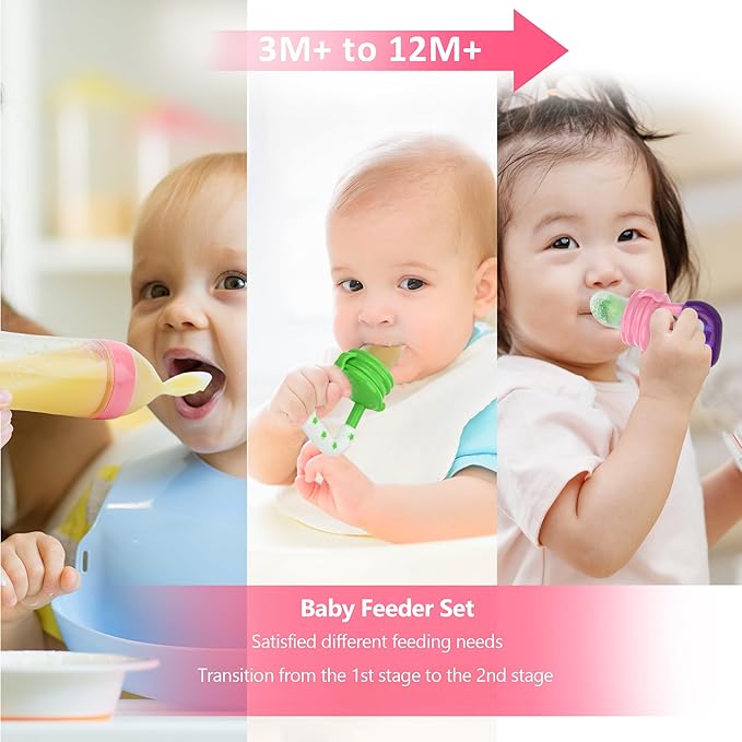 WAJIAYON Baby Fruit Feeder Pacifier - 5 Pack | 2 Mesh Infant Food Feeder Pacifier & 1 Baby Food Dispensing Spoon | Fresh Fruit Teethers for Babies |Shower Gifts for Boys and Girls (Pink & Green)