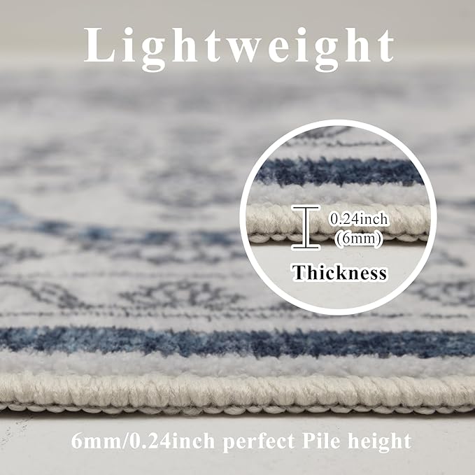 Washable 6x9 Area Rug for Living Room, Carpet for Bedroom Dining Room, Non Slip&Non-Shedding Resistant Low Pile Vintage Print Rug for Home Office (Grey/Blue)